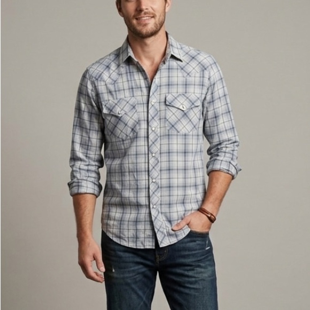 Austin Reed London Mens Blue & White Plaid Western Snap Button Down Shirt